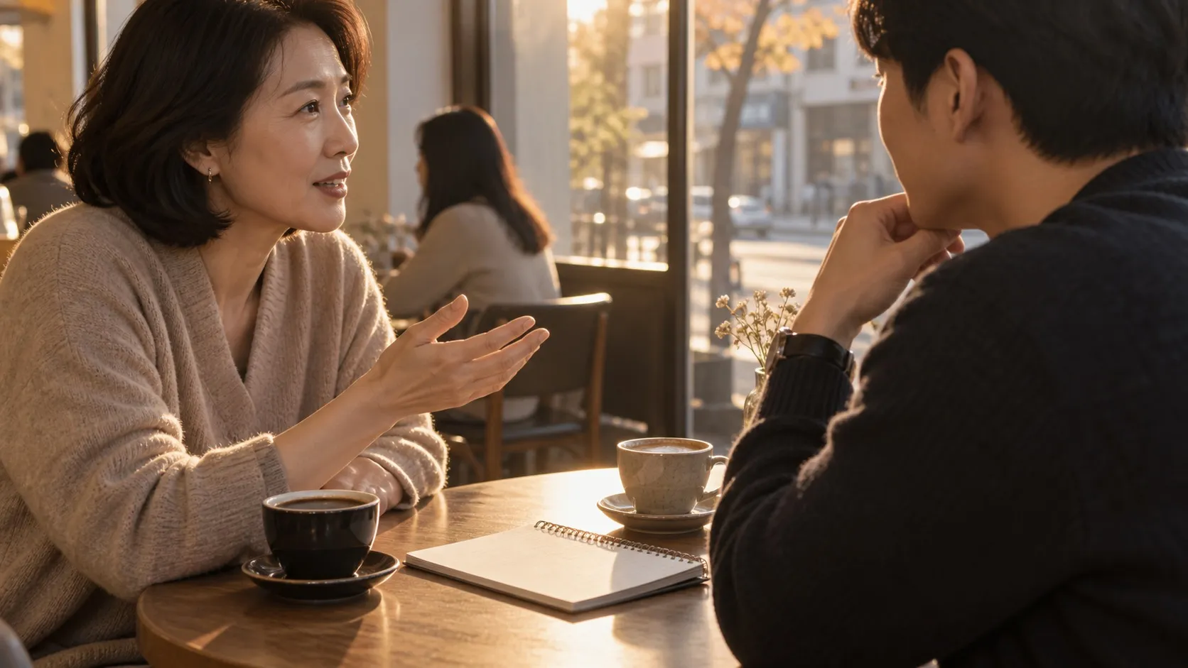 본사 상담 테이블에서 마주 앉아 이야기하는 장면 (16:9)