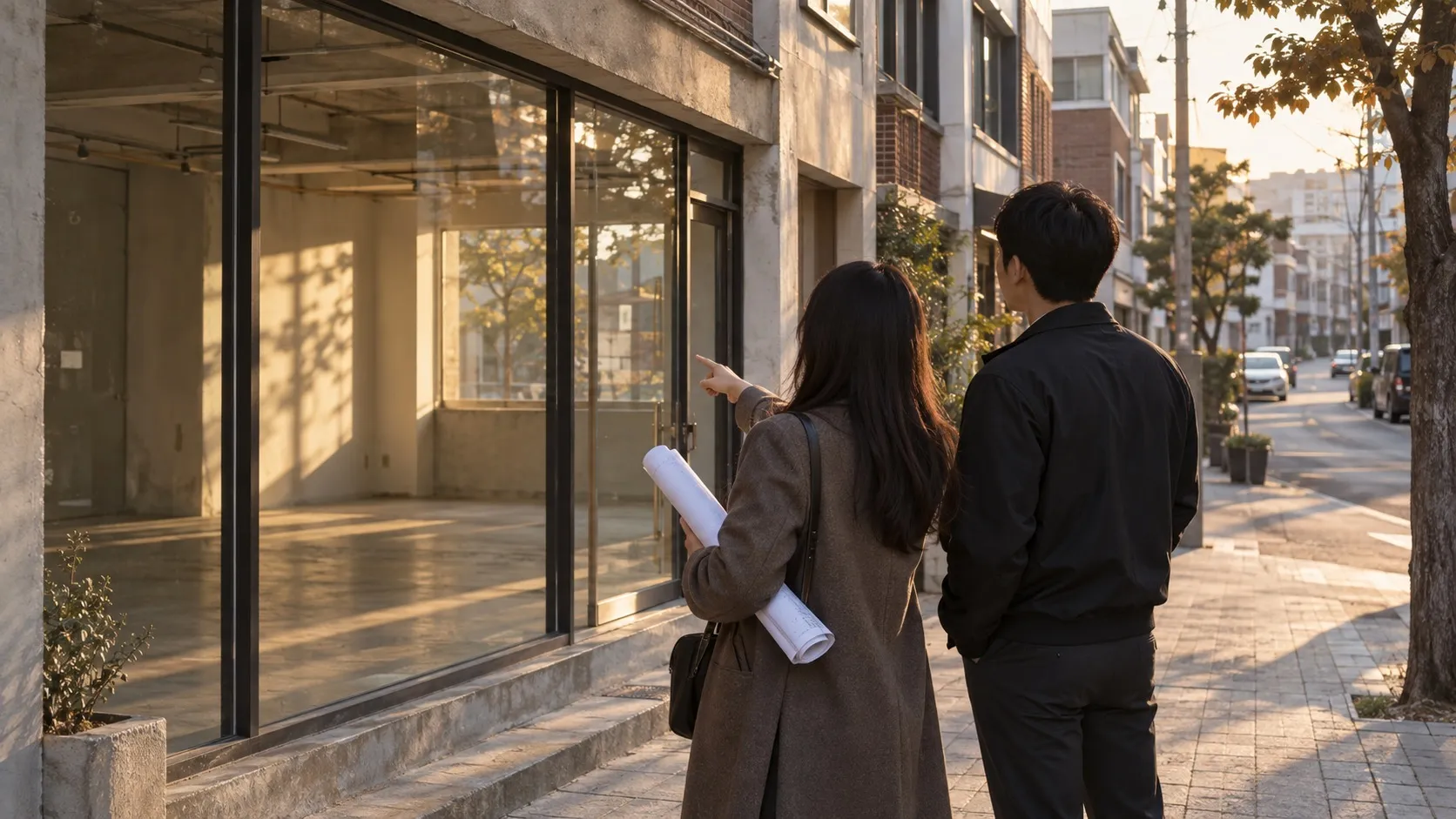 빈 상가 앞에서 도면을 보며 이야기하는 두 사람 (16:9)